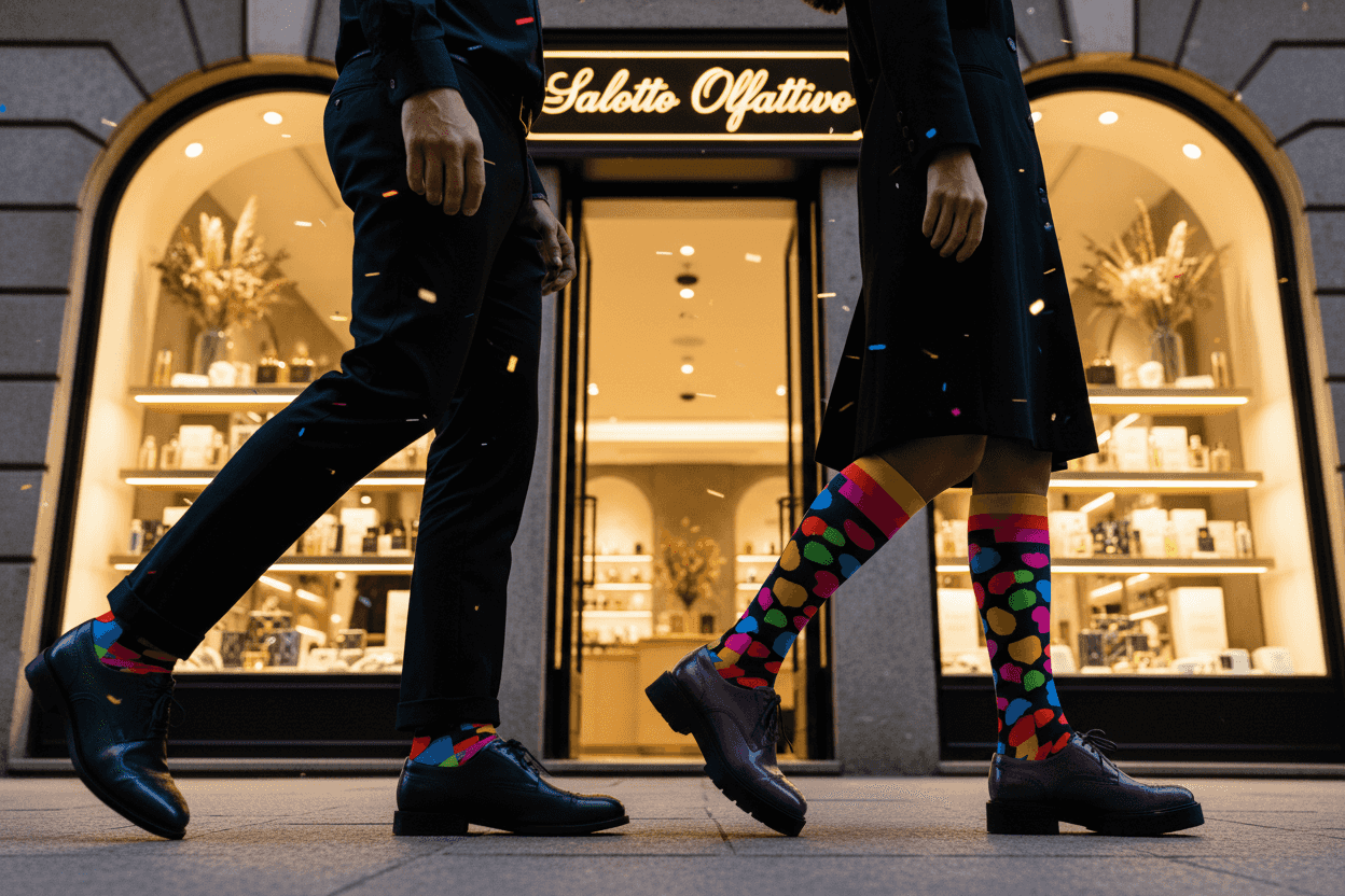 Calze colorate con motivi a pois, scarpe eleganti verdi e viola, davanti a negozio Salotto Olfattivo