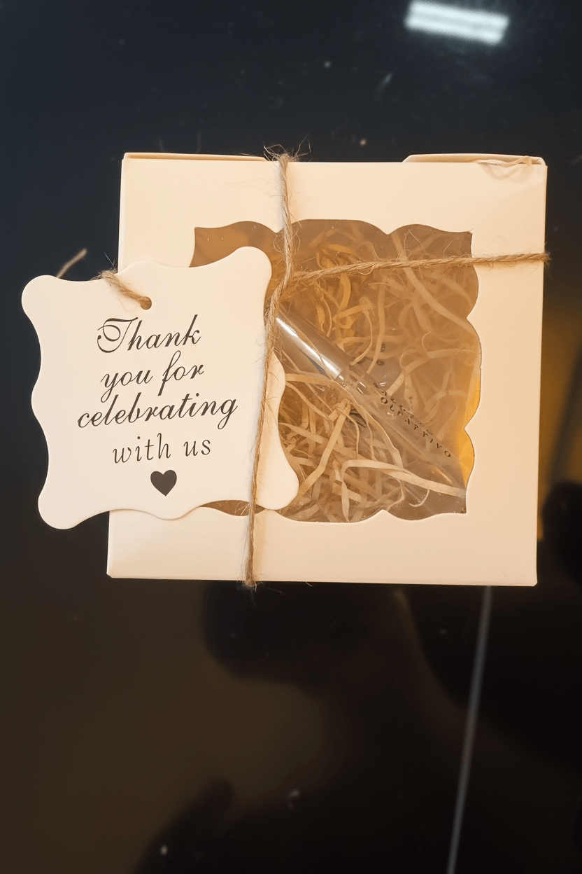 Confezione regalo con scatola bianca, finestra trasparente e fiocco di juta, decorata con tag di ringraziamento, ideale come bomboniera evento profumo 10ml