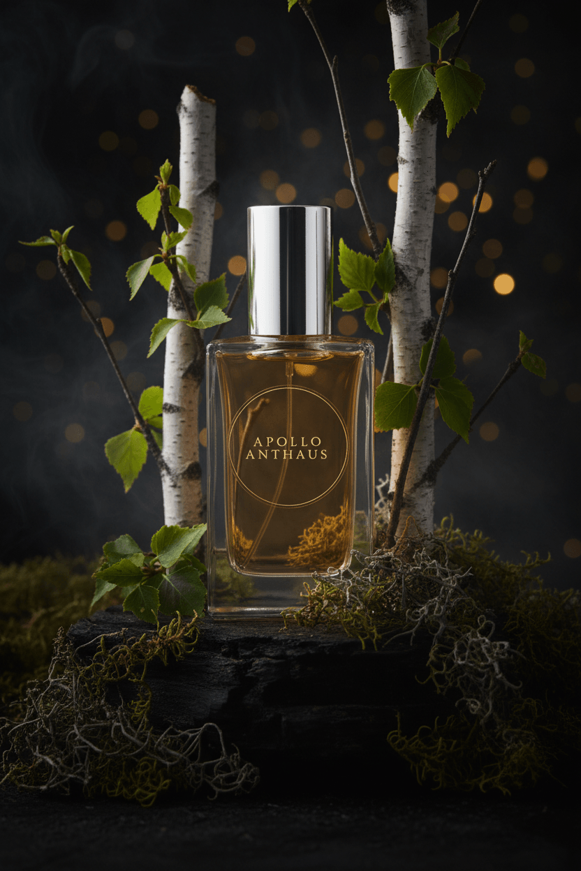 Profumo Apollo Anthaus in bottiglia di vetro con etichetta dorata, ambientato in natura con betulle e foglie verdi